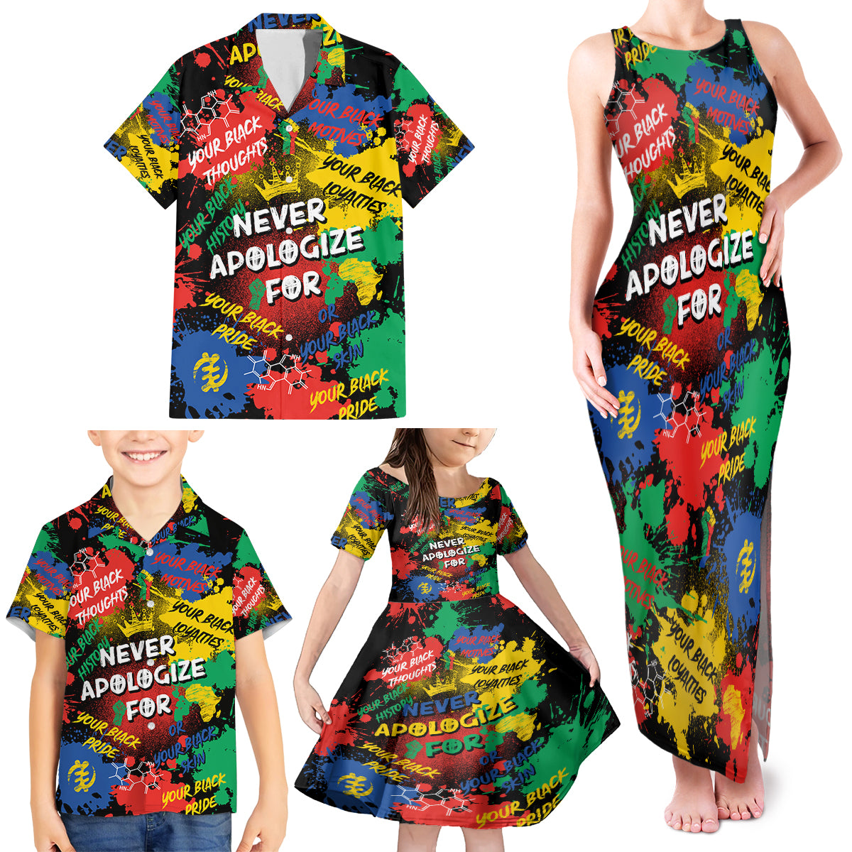 Never Apologize For Being Black Family Matching Tank Maxi Dress and Hawaiian Shirt - Wonder Print Shop