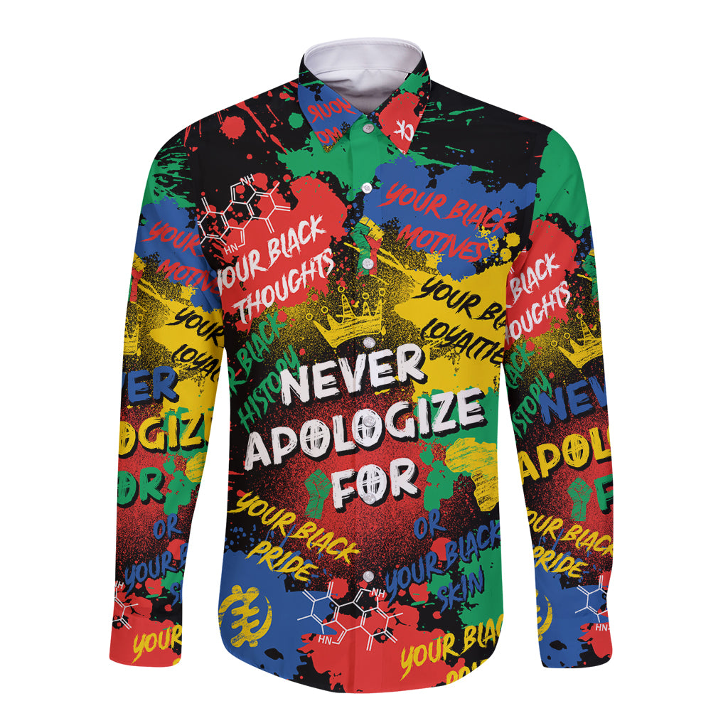 Never Apologize For Being Black Long Sleeve Button Shirt - Wonder Print Shop