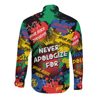 Hooded long-sleeve shirt with centered typography and multicolor splash pattern