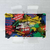 Multicolor printed tablecloth with bold slogan pattern, laid flat