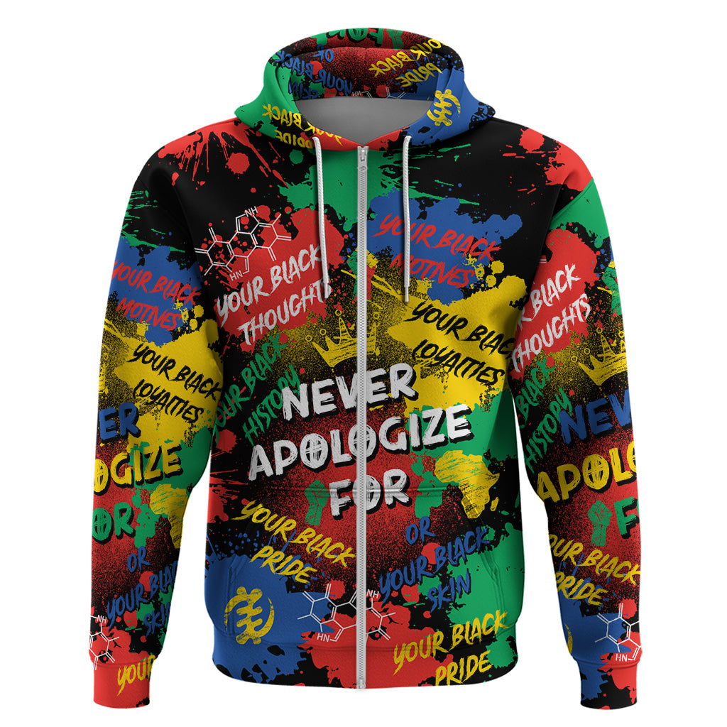 Multicolor graphic zip hoodie with hood and front zipper, bold 'Never Apologize' text