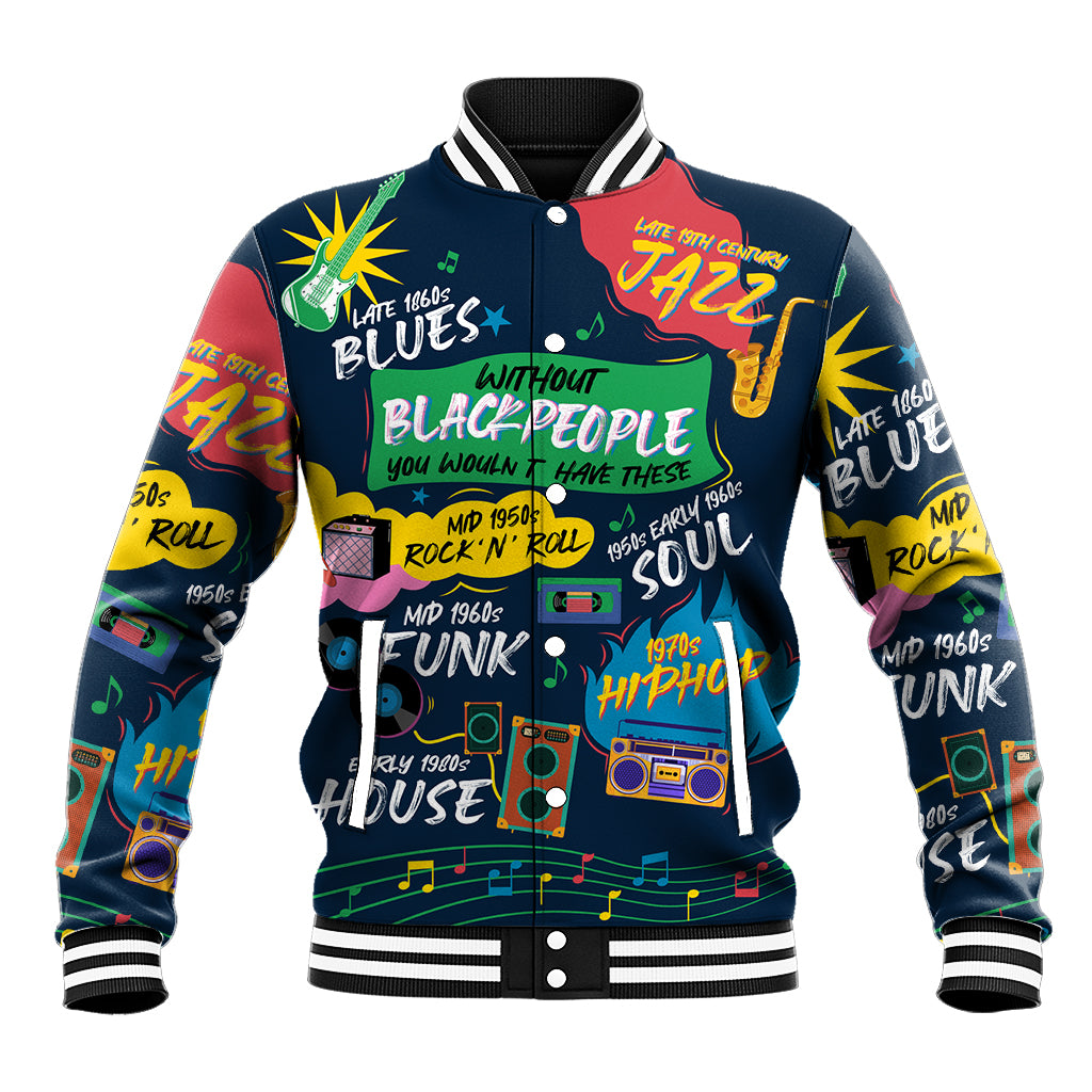 Baseball jacket with blue body, colorful retro music graphics, striped ribbed collar