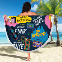 Round dark navy music beach blanket with fringe, held open with colorful retro art