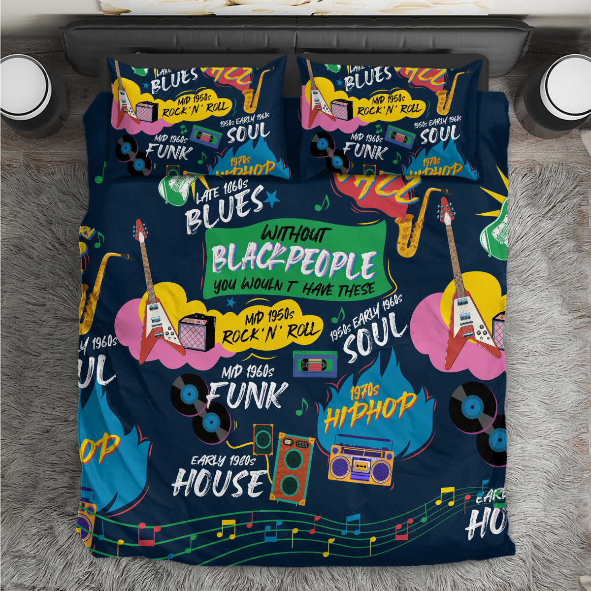 Black music-themed bedding set with colorful Blues/Funk/Jazz/Hip-hop graphic text