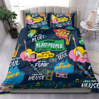 Black bedding set with two pillows and colorful retro music genre graphics, sax icons