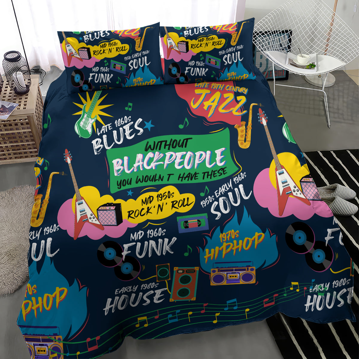 Black duvet cover with 'WITHOUT BLACK PEOPLE' text and retro music icons, guitars
