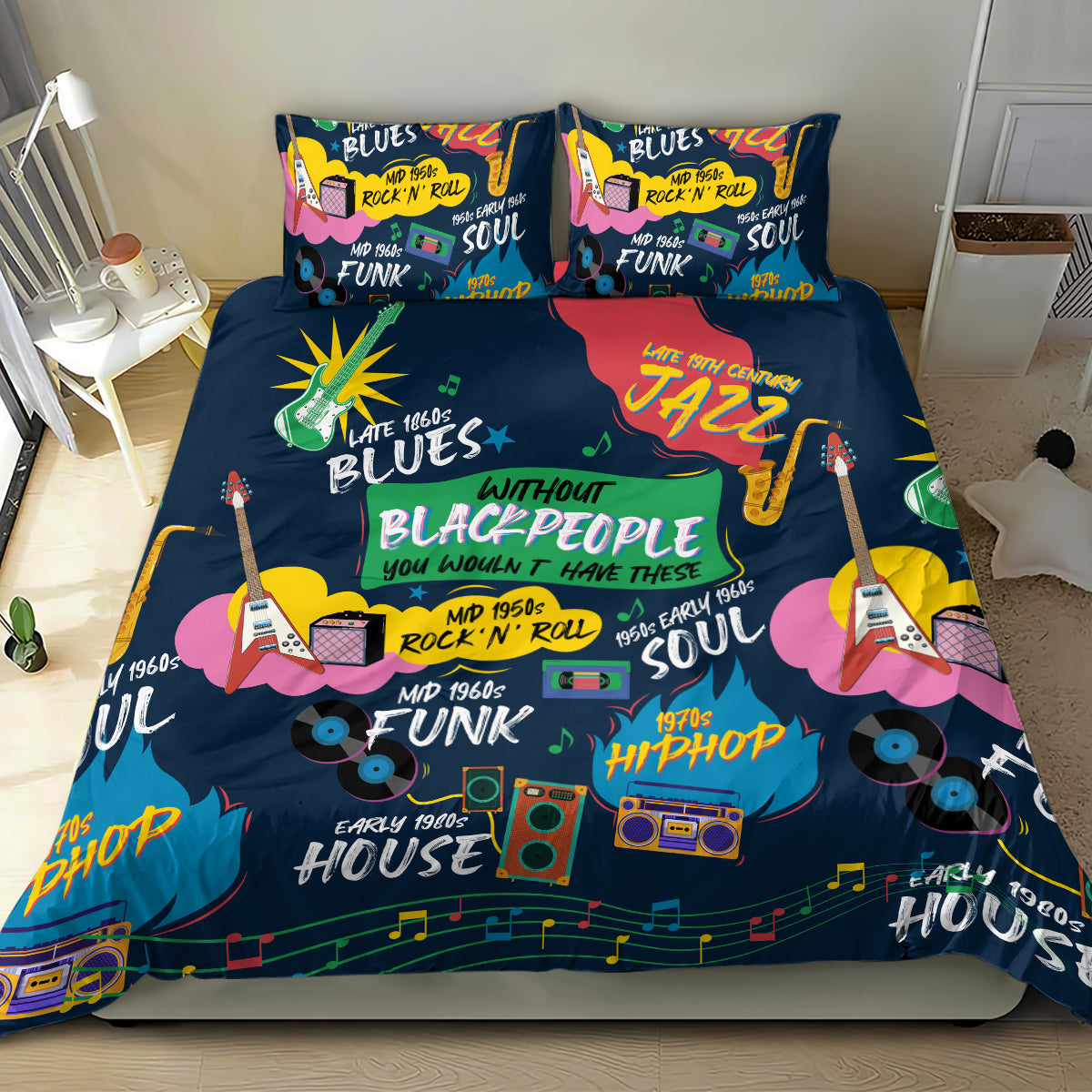 Black music bedding set with vibrant guitars, saxophone, records and genre lettering