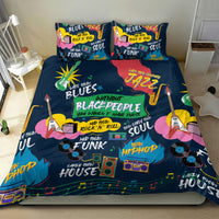 Black music bedding set with vibrant guitars, saxophone, records and genre lettering