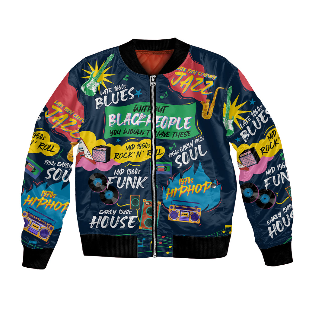 Unisex bomber jacket with dark multicolor music graphic, front zipper and ribbed hem
