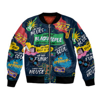 Unisex bomber jacket with dark multicolor music graphic, front zipper and ribbed hem
