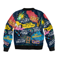 Unisex bomber jacket with dark multicolor music graphic, ribbed cuffs and hem