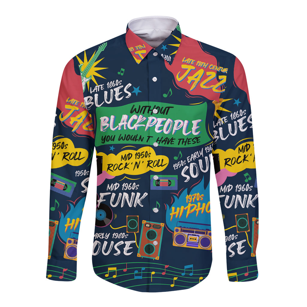 Long-sleeve button-up shirt with dark base and colorful music-era collage print