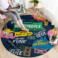 Round dark blue area rug featuring bold colorful music text and vintage-style icons