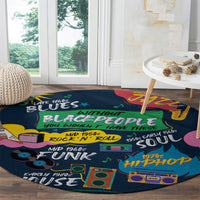 Round dark blue carpet showing colorful music words, microphones, and radio speaker graphics