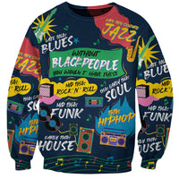 Unisex crewneck sweatshirt with dark base and colorful music-style text, guitars, and speakers