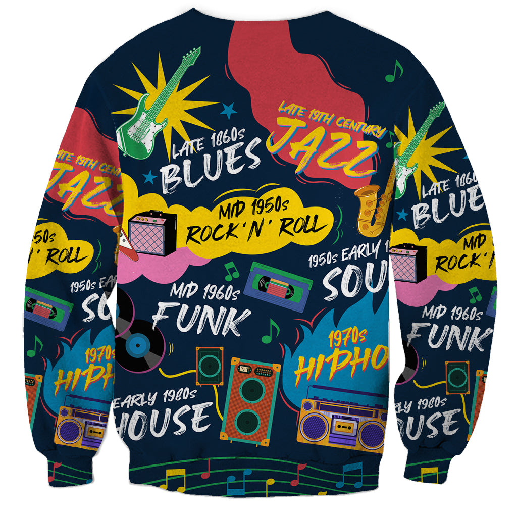 Unisex crewneck sweatshirt with dark base; central Jazz graphic plus Blues, Soul, Funk, Hip-Hop text
