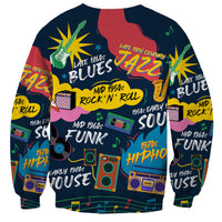 Unisex crewneck sweatshirt with dark base; central Jazz graphic plus Blues, Soul, Funk, Hip-Hop text
