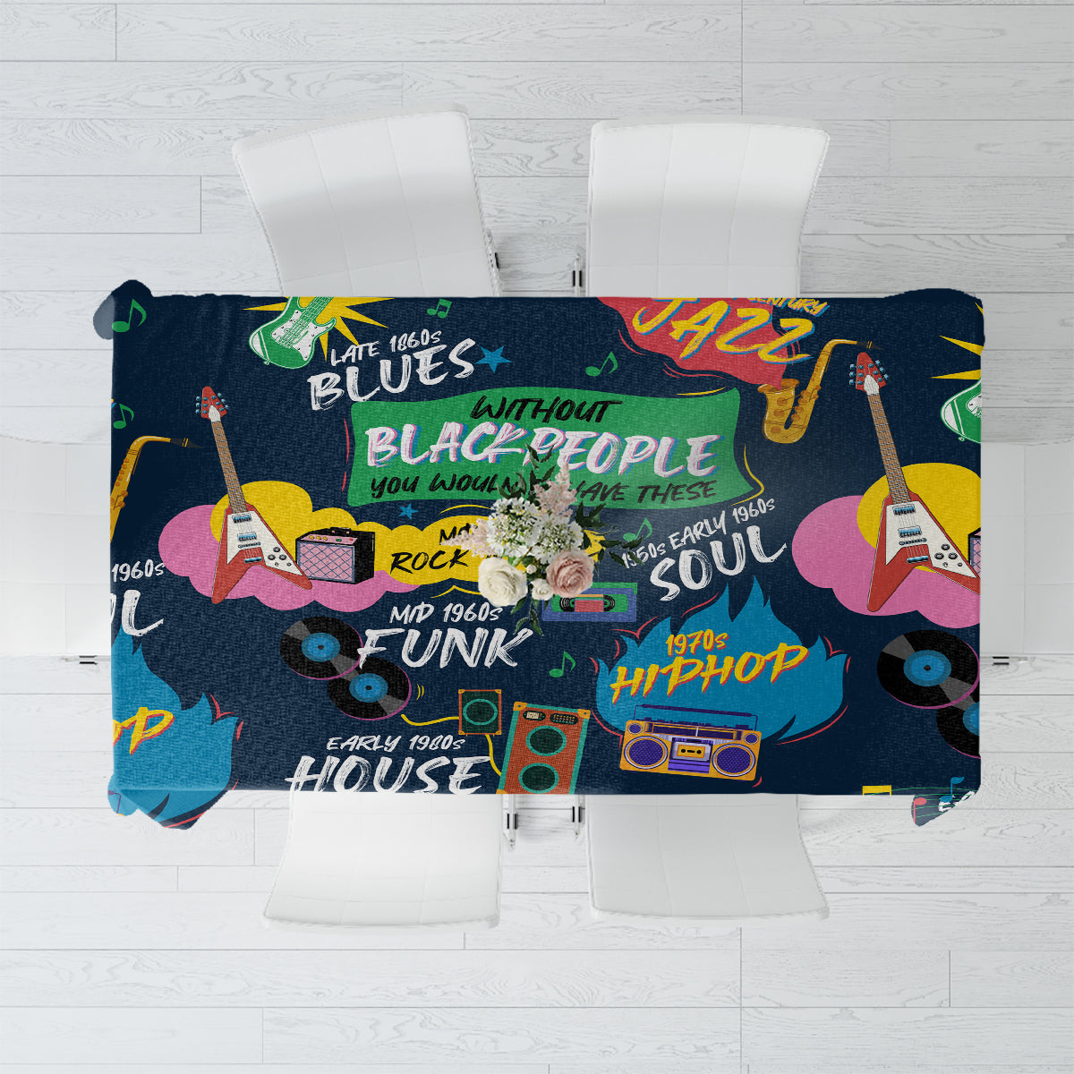 Black music-themed tablecloth with colorful notes and instrument print