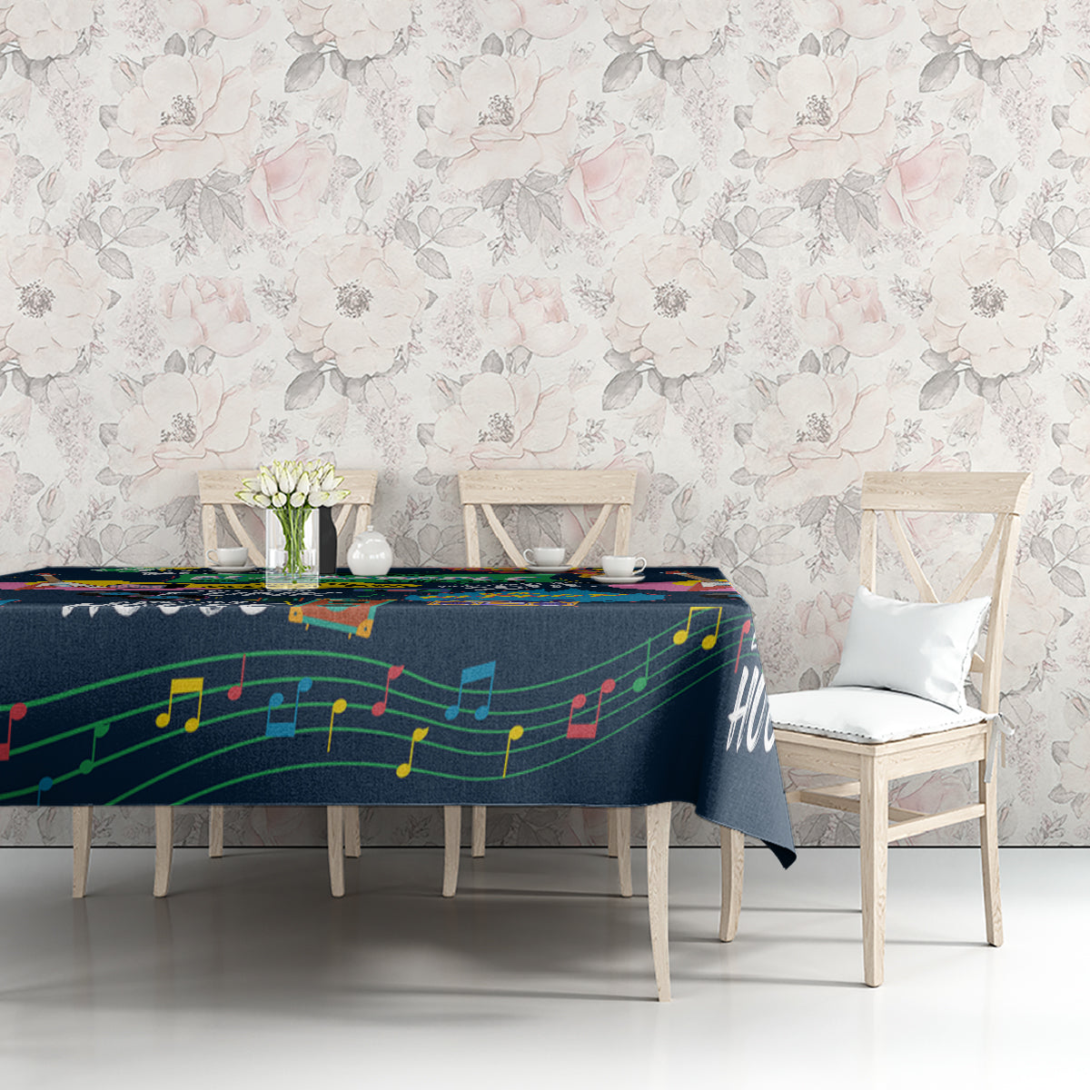 Dark blue tablecloth with colorful music notes and instruments on dining table
