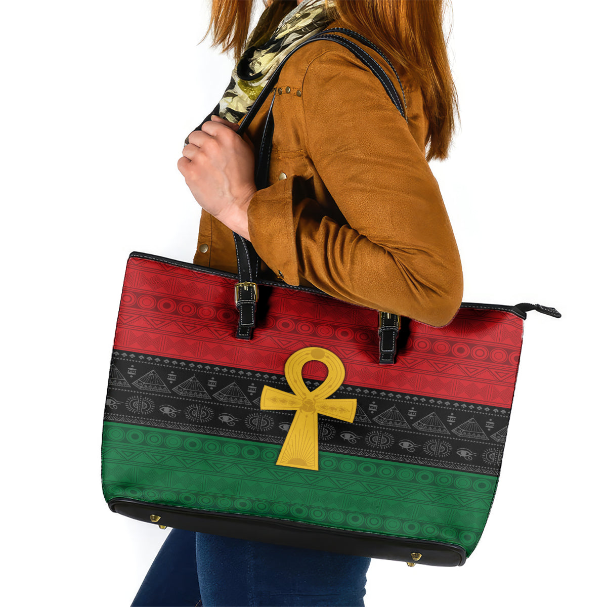 Pan African Ankh Leather Tote Bag Egyptian Cross