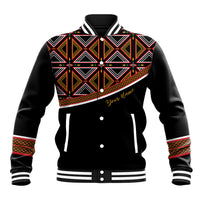 Black baseball jacket with colorful geometric African print and cursive “Your name” on chest