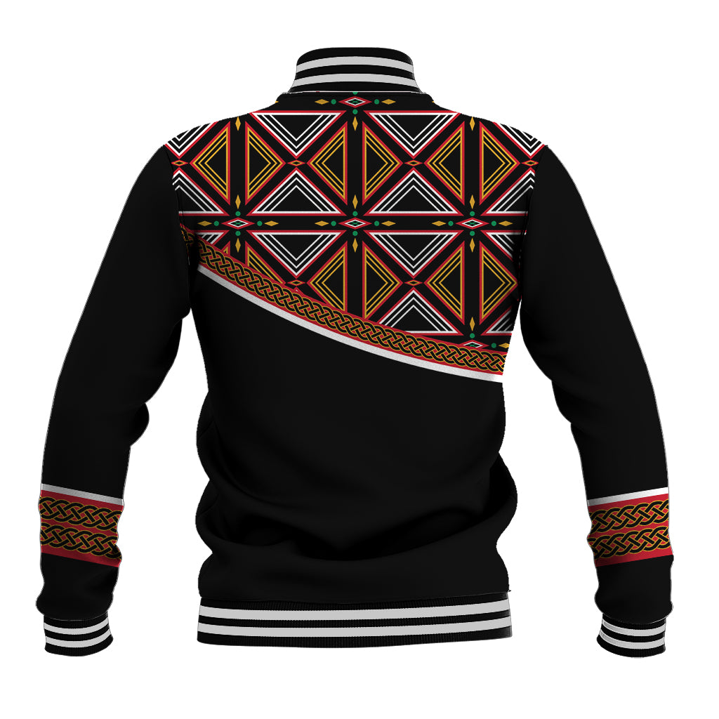 Black baseball jacket with geometric African print panel on back, ribbed collar and cuffs