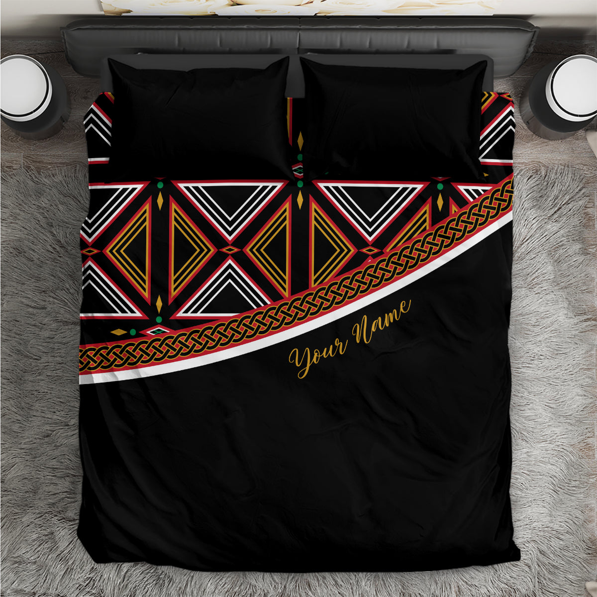Black duvet cover set with geometric tribal stripe print and personalized name script