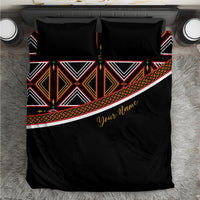 Black duvet cover set with geometric tribal stripe print and personalized name script