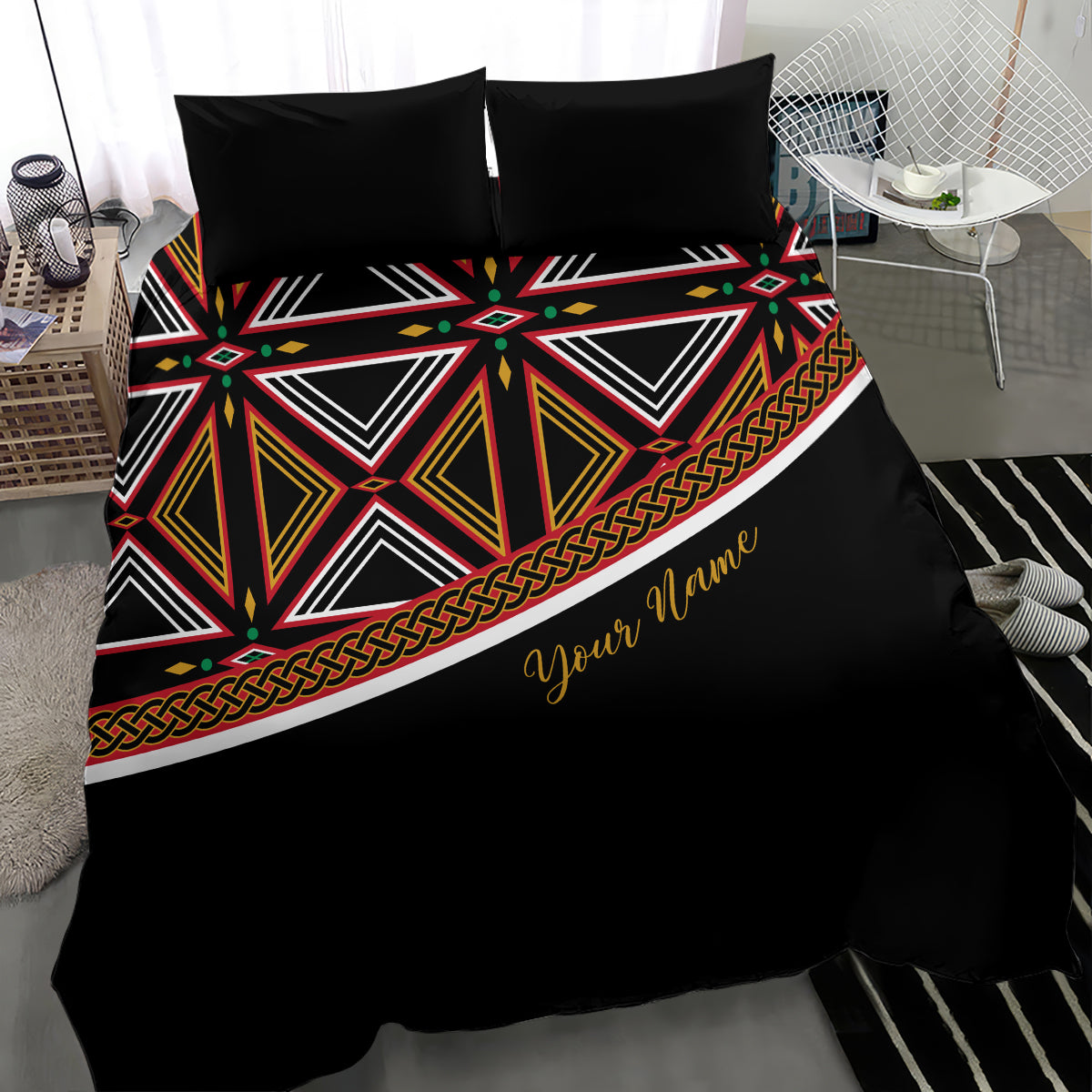 Black bedding duvet cover and pillowcases with wide geometric band print and name script