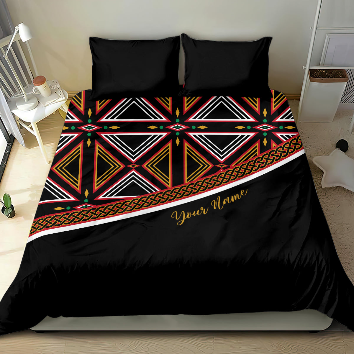 Black duvet cover set with geometric strip motif, red yellow accents, and name script