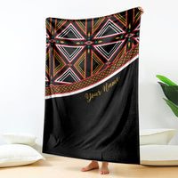 Black African blanket draped with multicolor geometric top border and gold 'Your name' print
