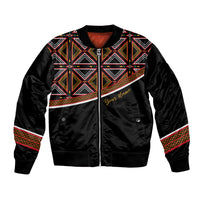 Black bomber jacket with African dashiki-style geometric print, zip front, ribbed cuffs