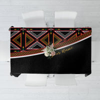 Personalized black tablecloth with colorful geometric border and cursive name text center