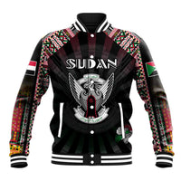 Black baseball jacket with striped collar, colorful geometric sleeves, and front crest graphic