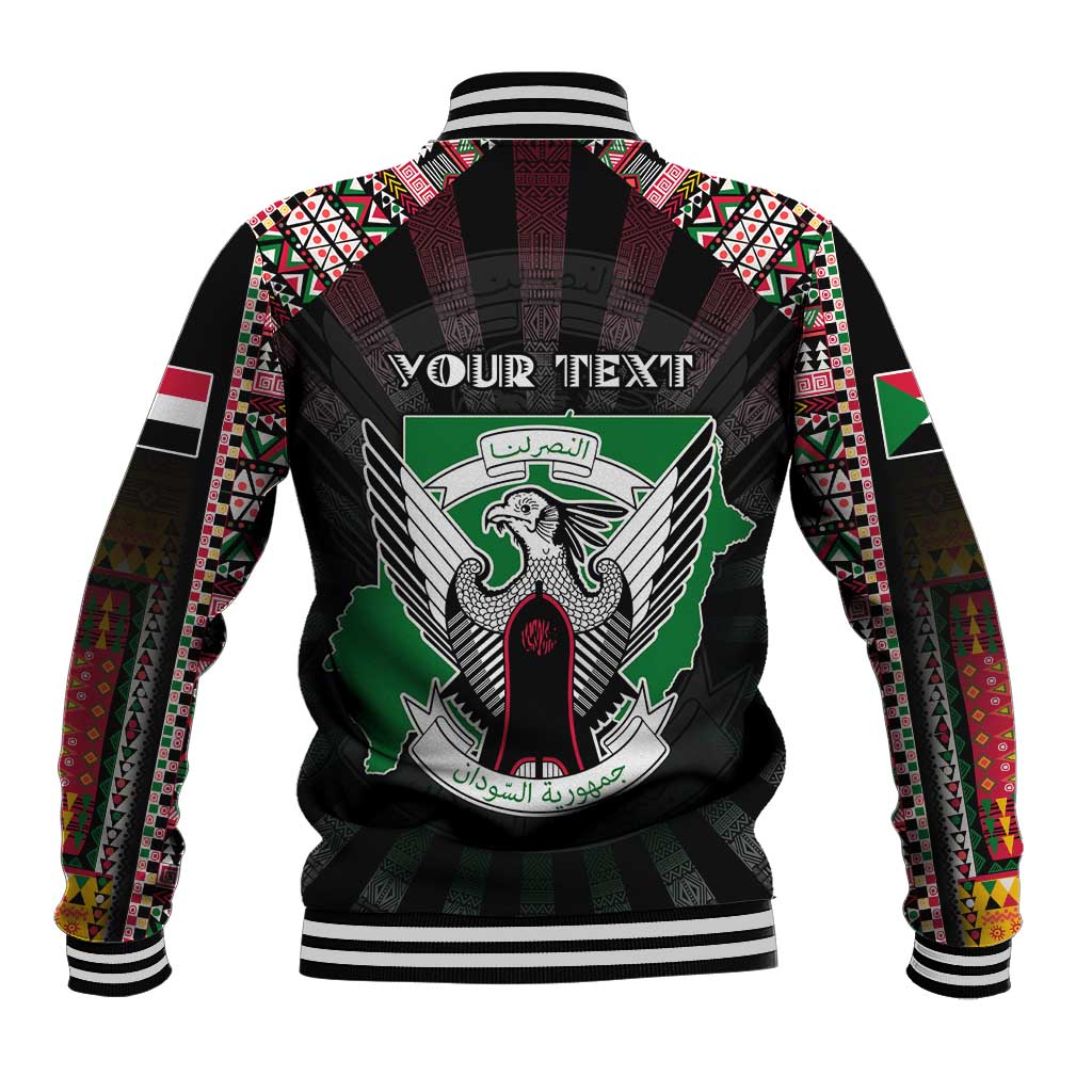 Black baseball jacket with striped collar and geometric sleeves, with back crest graphic