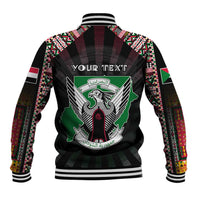 Black baseball jacket with striped collar and geometric sleeves, with back crest graphic