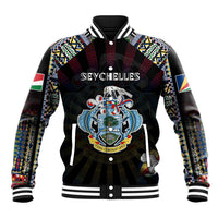 Black baseball jacket with colorful African pattern sleeves, striped rib trim, front graphic