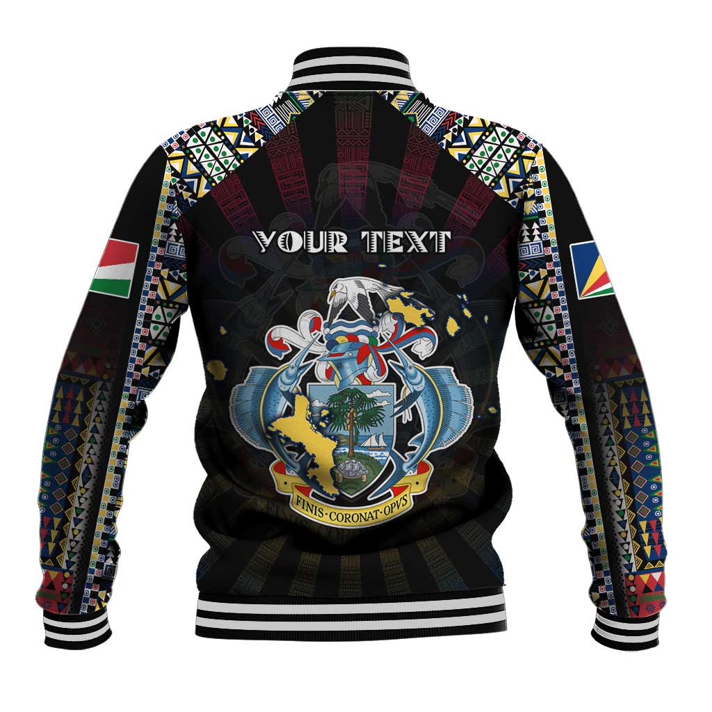Black baseball jacket, colorful geometric sleeves, ribbed cuffs, back graphic with text
