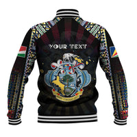 Black baseball jacket, colorful geometric sleeves, ribbed cuffs, back graphic with text
