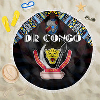 Round black beach blanket with African map emblem, tribal border and fringe