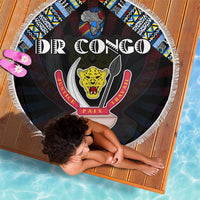 Round black beach blanket with African map emblem, geometric tribal ring and fringe