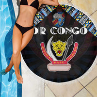 Round black beach blanket with African map emblem, tribal ring design and white fringe