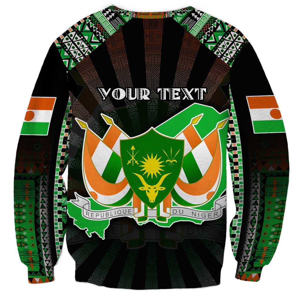 Black sweatshirt with Niger map crest, your text across chest, tribal sleeve patterns