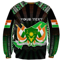 Black sweatshirt with Niger map crest, your text across chest, tribal sleeve patterns