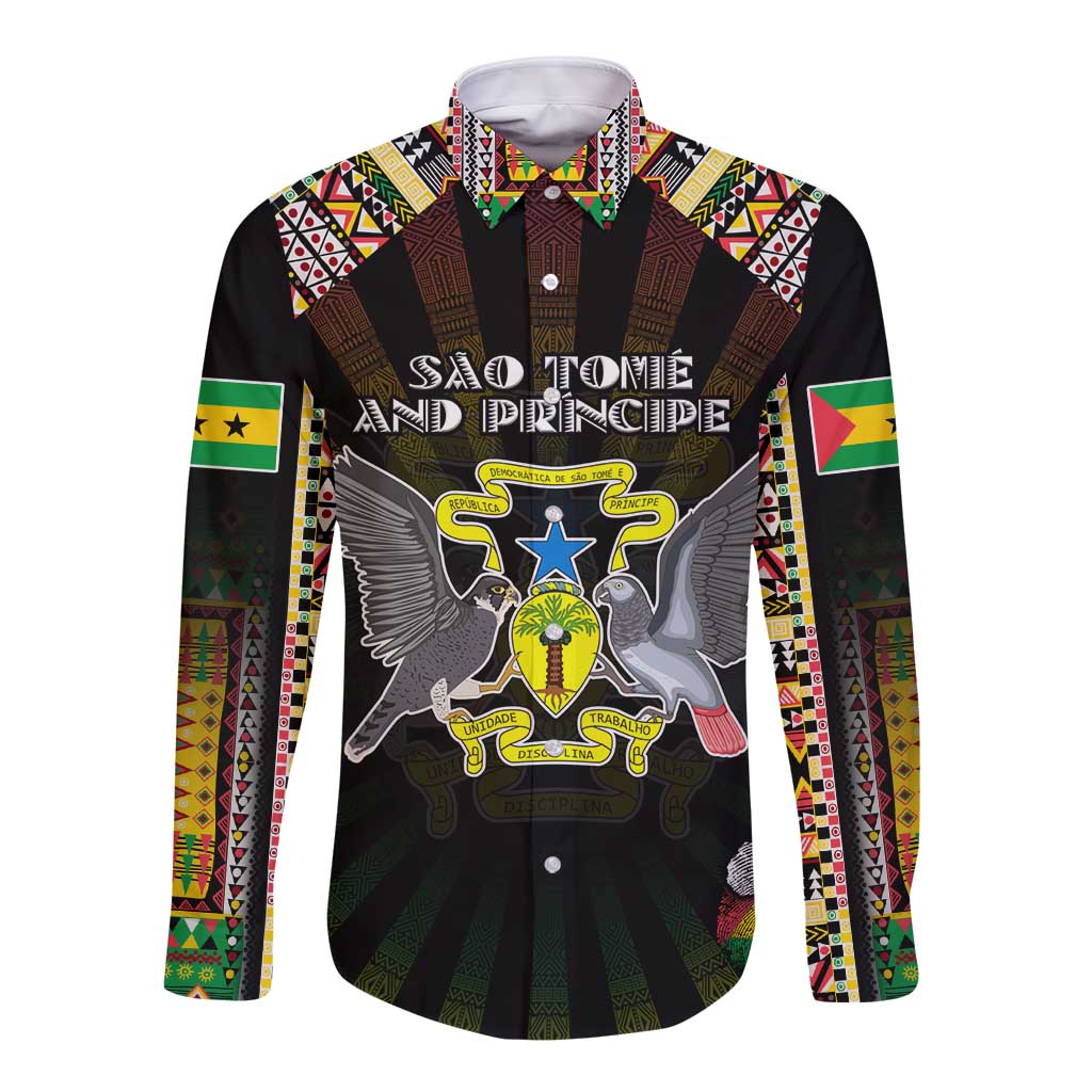Personalized Sao Tome and Principe Roots Long Sleeve Button Shirt African Map in Fingerprint and Tribal Colors