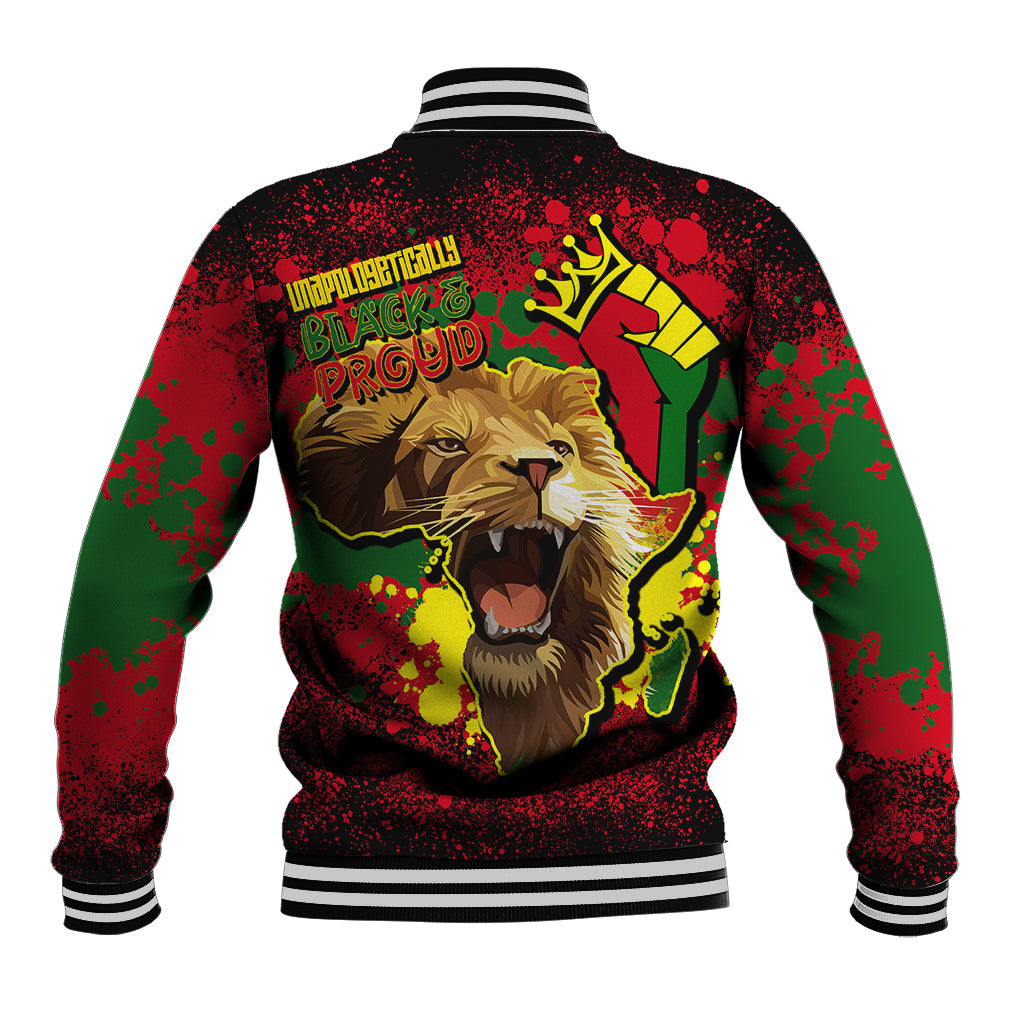 Unisex black baseball jacket back view with striped hem; lion graphic, red-green splatter