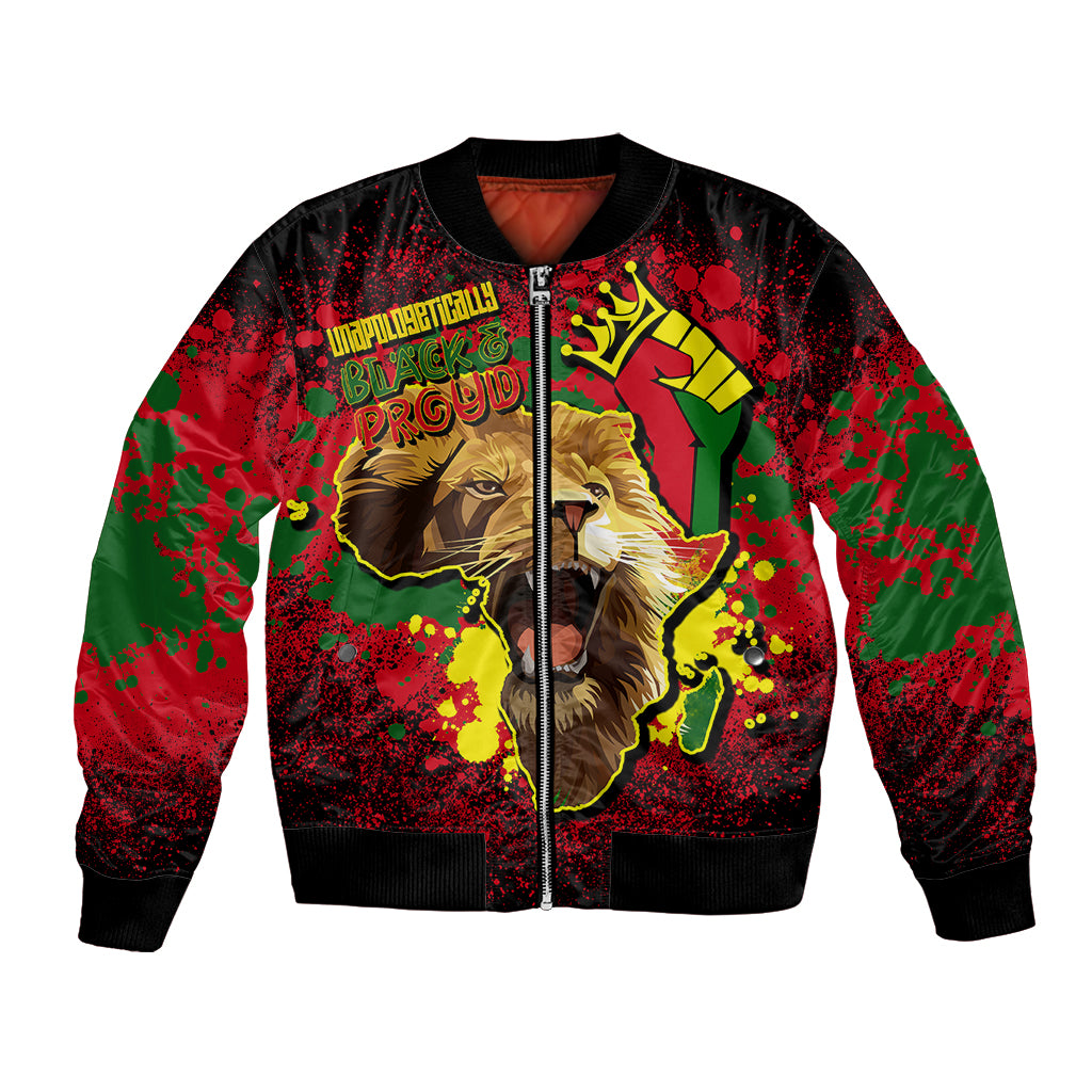 Black unisex bomber jacket with front zipper; bold lion graphic on red-green print