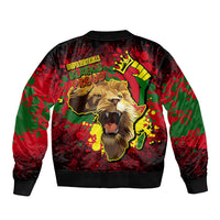 Black unisex bomber jacket with ribbed collar and hem; lion and raised fist print