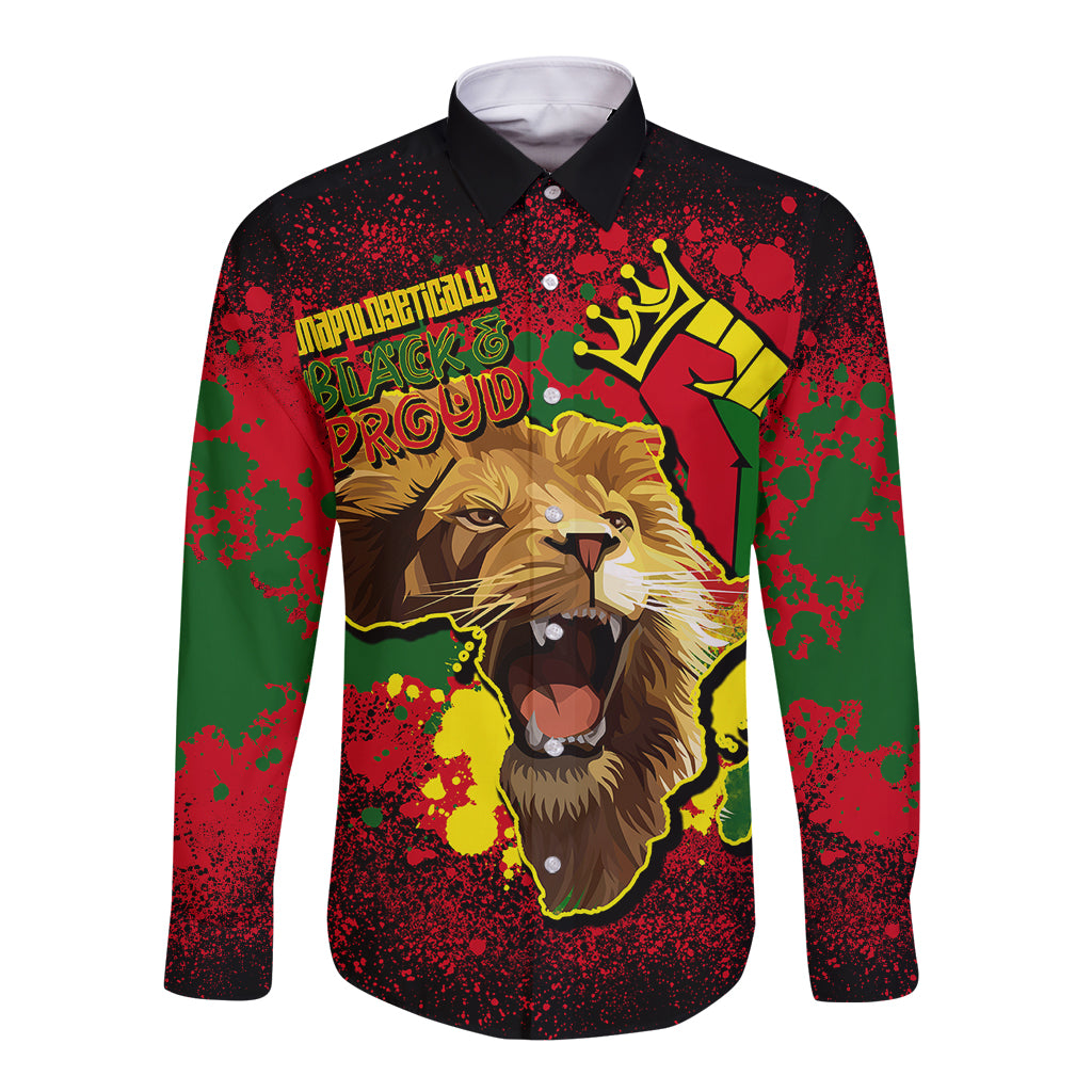 Black long-sleeve button shirt with front lion head graphic