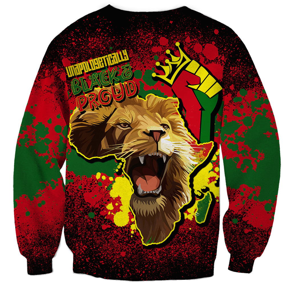 Black unisex crewneck sweatshirt with lion face, Africa map, and fist graphic